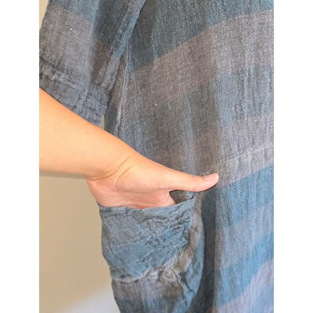 Luukaa Women Tunic Top Large Blue Gray Striped Linen Pocket Lagenlook minimalist - Picture 3 of 11
